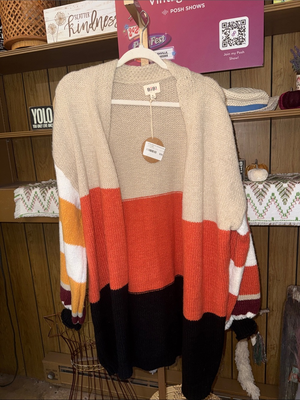 BiBi Cream, Orange, Black & Yellow Colorblock Open-Front Cardigan